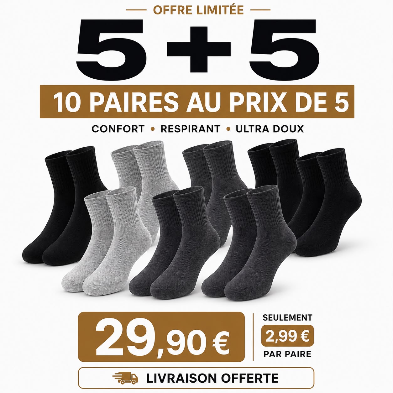 10 paires au prix de 5 | Chaussettes en fibre de bambou