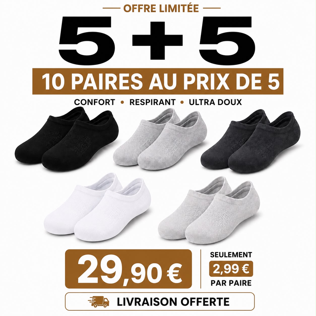 10 paires au prix de 5 | Socquettes respirantes en fibre de bambou